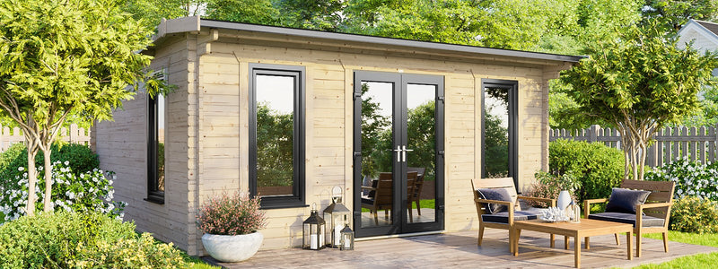 GARDEN VIEW OF AN 18x14 WDDW OFFSET APEX 44mm LOG CABIN
